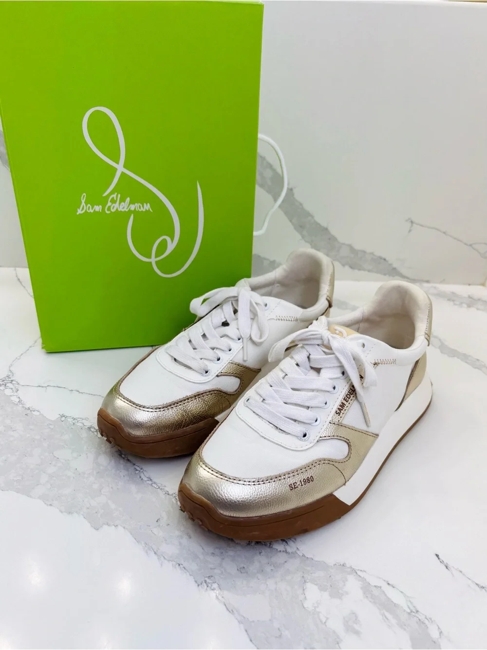 Sam Edelman Women’s 10M Layla White/Gold Fashion Platform Sneakers